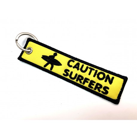 Tags embroidered keyring CAUTION SURFERS 11cm x 2,5cm